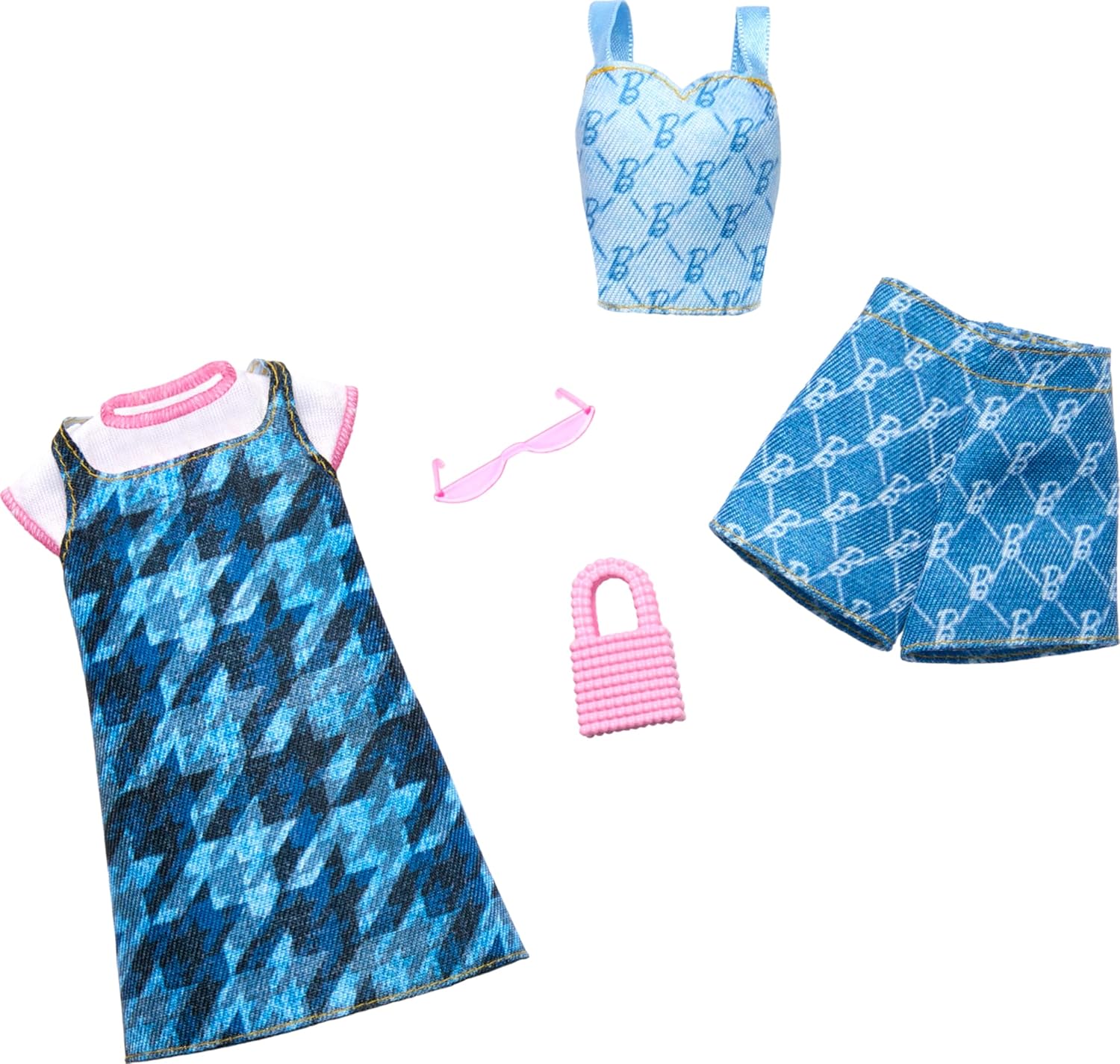 Barbie Fashions Clothing Set, 2 Denim Outfits for Fashion Doll Include Dress, Top & Shorts & 2 Accessories - 1