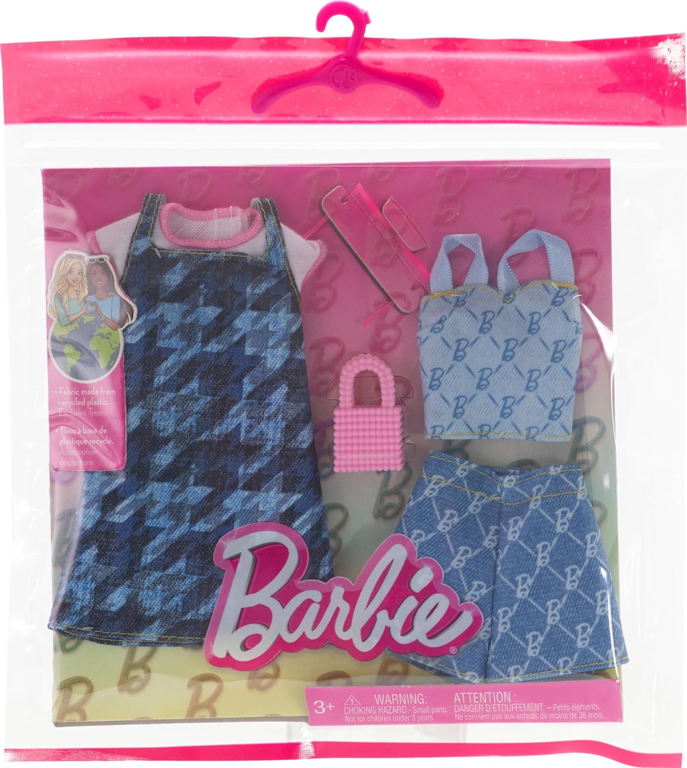 Barbie Fashions Clothing Set, 2 Denim Outfits for Fashion Doll Include Dress, Top & Shorts & 2 Accessories - Image 3