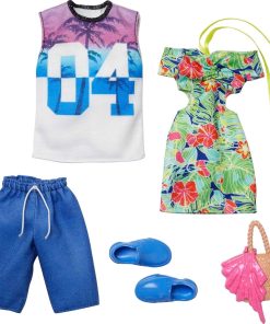 Barbie & Ken Fashions 2-Pack Clothing & Accessories Set, 1 Tropical Dress & Tote for Barbie Doll & 1 Tropical Shirt & Shorts Outfit with Shoes for Ken Doll - 1