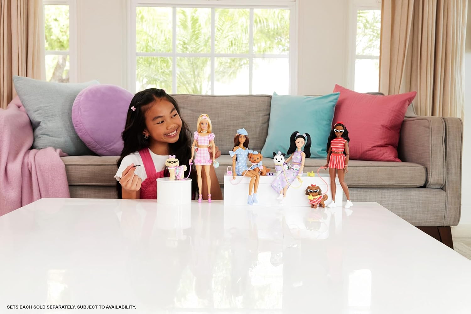 Barbie Twinning Looks Doll with Pet Dog in Matching Red Striped Clothes and Accessories for Both Like Sunglasses and Headbands, Wavy Black Hair - Image 6