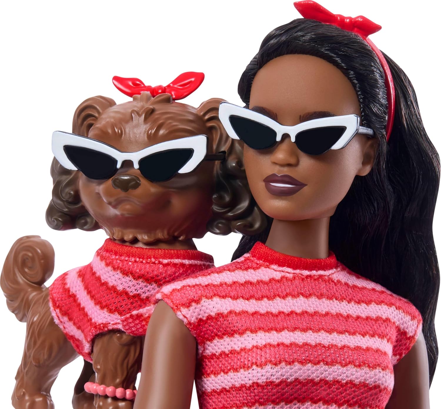 Barbie Twinning Looks Doll with Pet Dog in Matching Red Striped Clothes and Accessories for Both Like Sunglasses and Headbands, Wavy Black Hair - Image 5