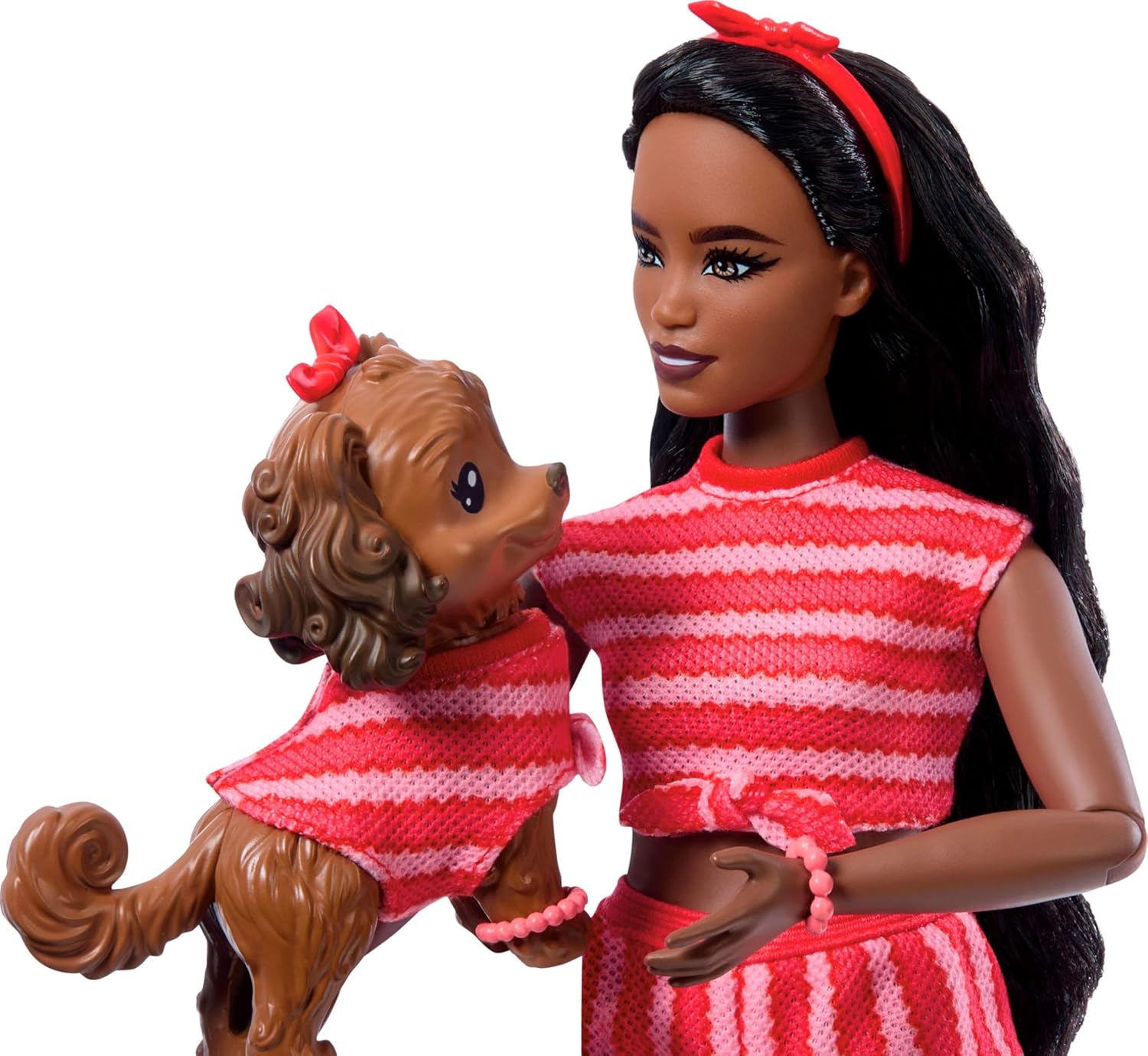 Barbie Twinning Looks Doll with Pet Dog in Matching Red Striped Clothes and Accessories for Both Like Sunglasses and Headbands, Wavy Black Hair - Image 4