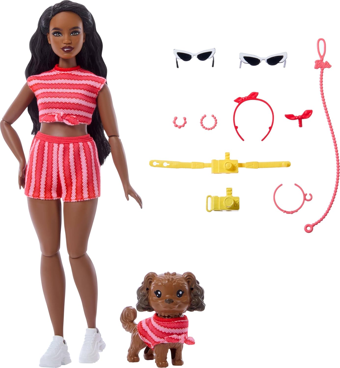 Barbie Twinning Looks Doll with Pet Dog in Matching Red Striped Clothes and Accessories for Both Like Sunglasses and Headbands, Wavy Black Hair - Image 3