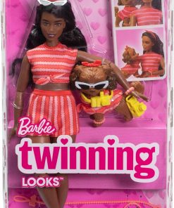 Alternative view of Barbie Twinning Looks Doll with Pet Dog in Matching Red Striped Clothes and Accessories for Both Like Sunglasses and Headbands, Wavy Black Hair