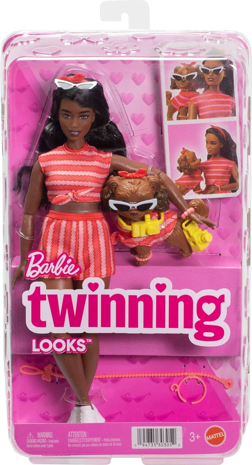 Barbie Twinning Looks Doll with Pet Dog in Matching Red Striped Clothes and Accessories for Both Like Sunglasses and Headbands, Wavy Black Hair - Image 2