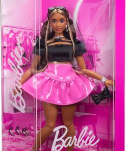 Alternative view of Barbie Deluxe Style Doll #16 in Pink Vinyl Barbiecore Skirt, Black Satin Crop Top, Long Brown Hair, Black Clutch, and Silver Jewelry​​