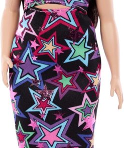 Barbie Fashionistas Style Doll #251 with Brown Hair, Wearing Multi-Color Star Print Dress, Pink Sneakers - 1