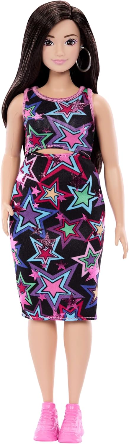 Barbie Fashionistas Style Doll #251 with Brown Hair, Wearing Multi-Color Star Print Dress, Pink Sneakers - 1