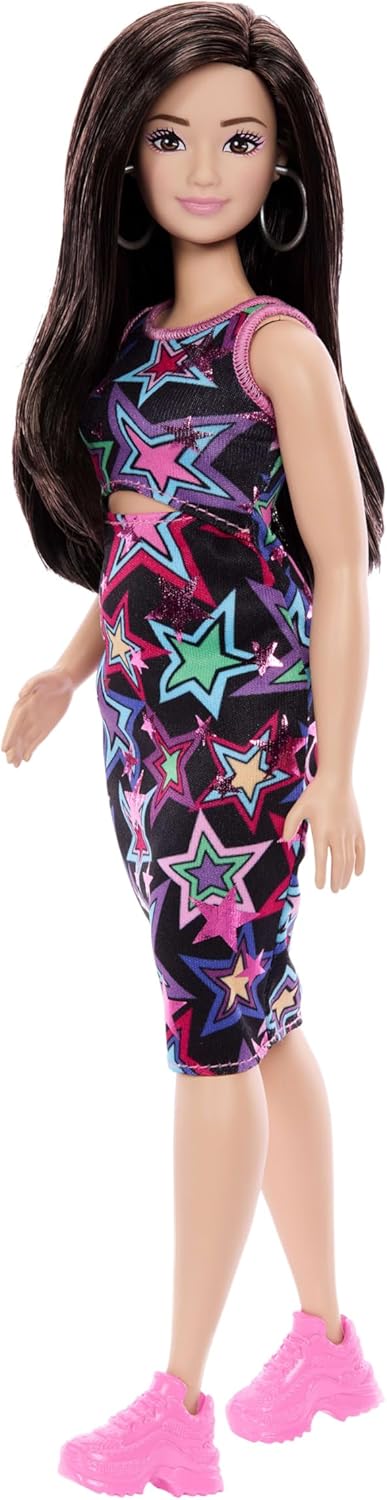 Barbie Fashionistas Style Doll #251 with Brown Hair, Wearing Multi-Color Star Print Dress, Pink Sneakers - Image 2