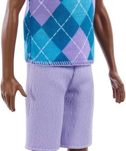 Barbie Fashionistas Style Ken Doll #253 with Brown Hair, Wearing Lavendar Shorts with Turquoise and Lavender Argyle Shirt, White Shoes - 1