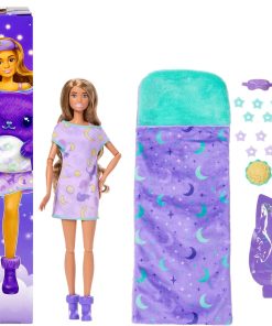 Barbie Party Unboxed Doll & Accessories, Sleepover Reveal Series with 7 Surprises Including Glow-in-The-Dark Activity Purple Pajama Doll - 1