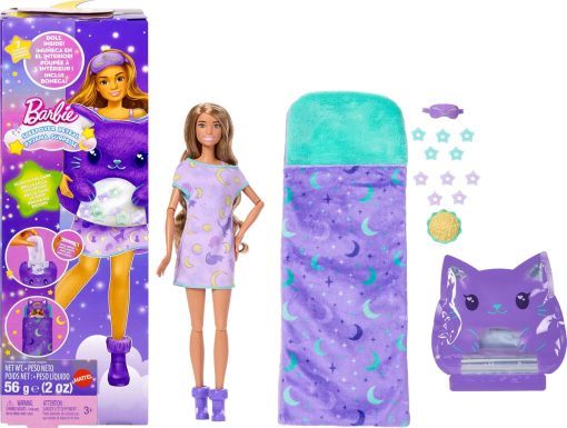 Barbie Party Unboxed Doll & Accessories, Sleepover Reveal Series with 7 Surprises Including Glow-in-The-Dark Activity Purple Pajama Doll - 1
