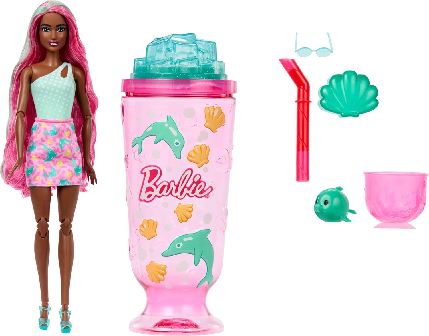 Barbie Pop Reveal Doll & Accessories, Sea Slushy Series Fashion Doll & Pet, 8 Surprises Includes Sensory Slime, and Color Change Hair - 1