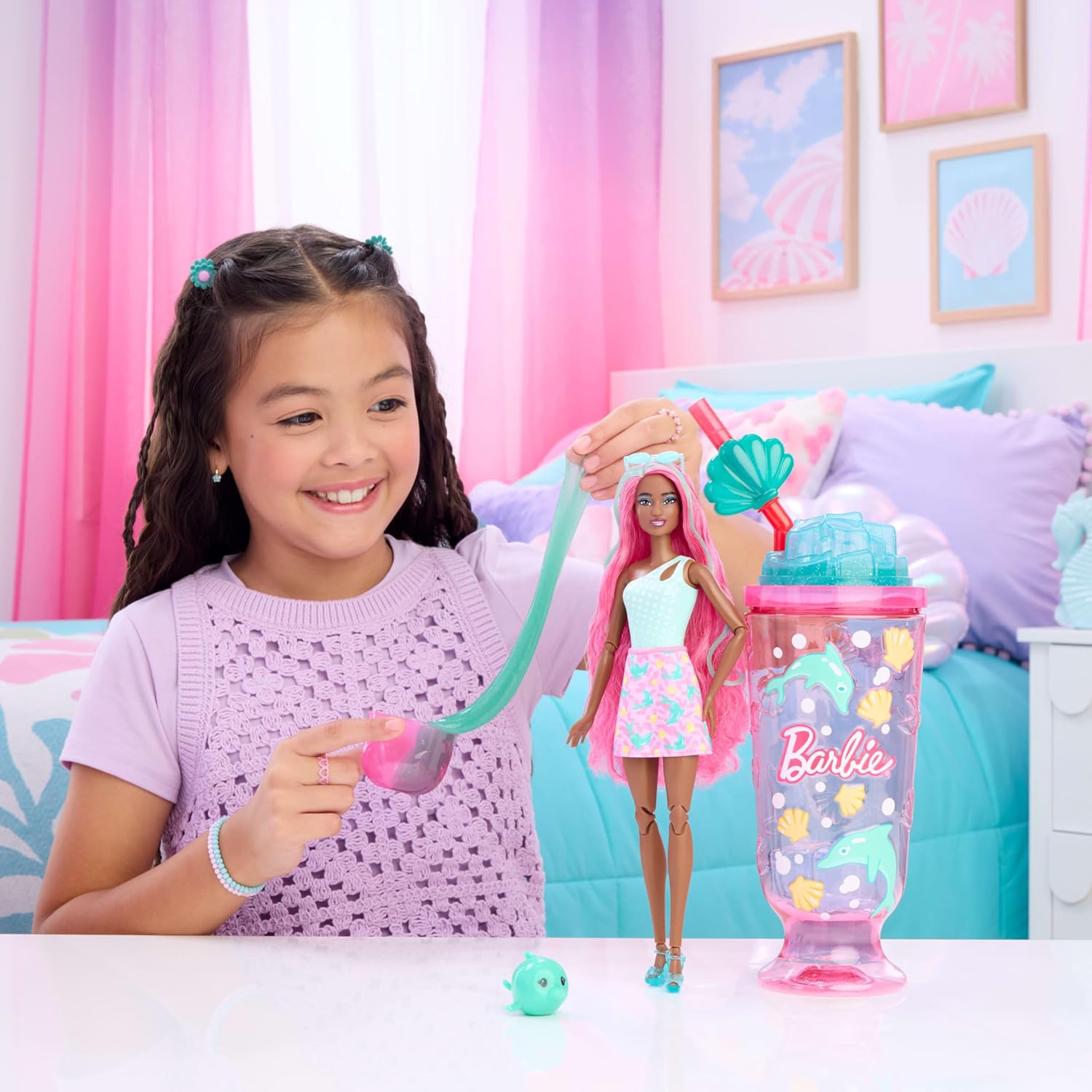 Barbie Pop Reveal Doll & Accessories, Sea Slushy Series Fashion Doll & Pet, 8 Surprises Includes Sensory Slime, and Color Change Hair - Image 6