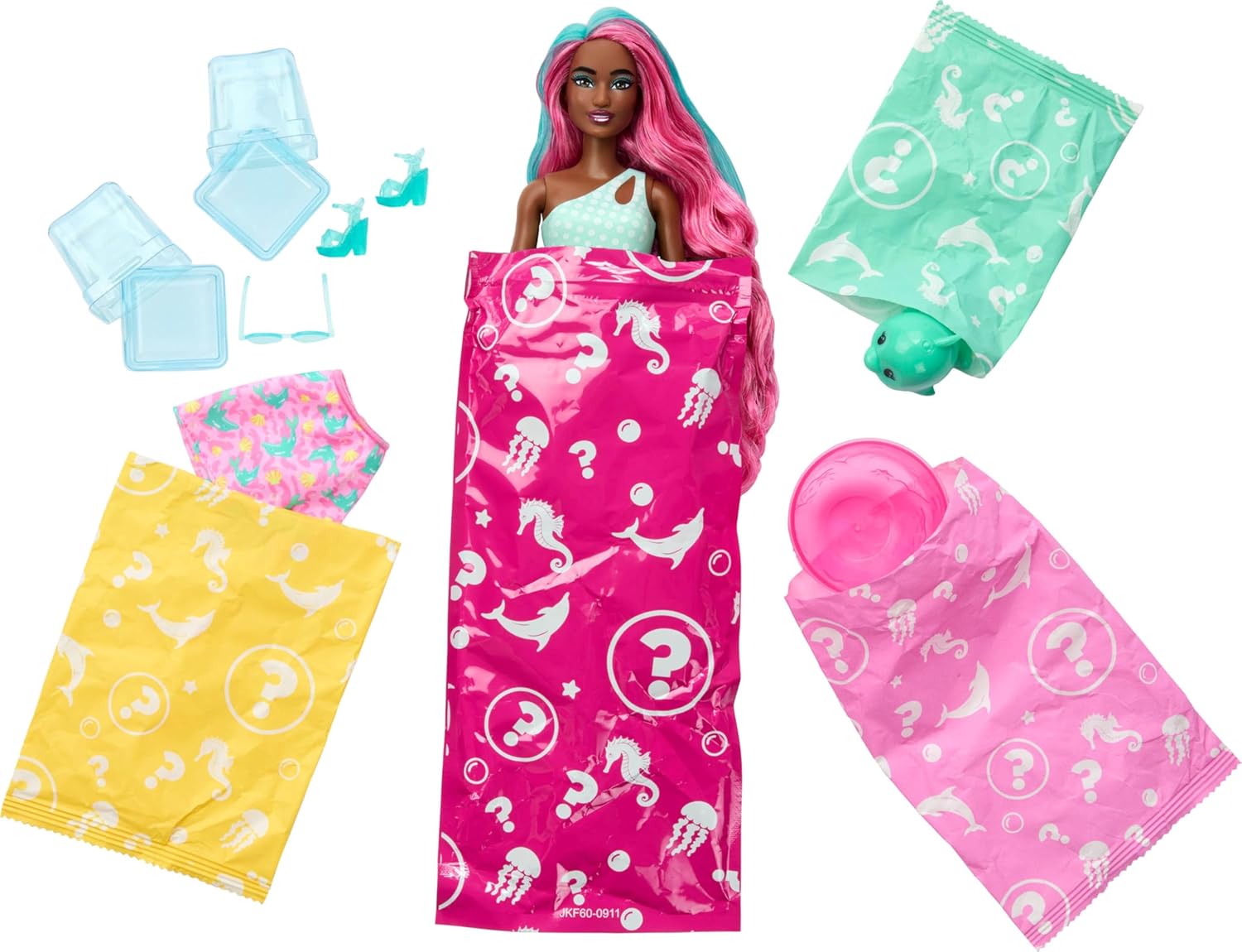 Barbie Pop Reveal Doll & Accessories, Sea Slushy Series Fashion Doll & Pet, 8 Surprises Includes Sensory Slime, and Color Change Hair - Image 4