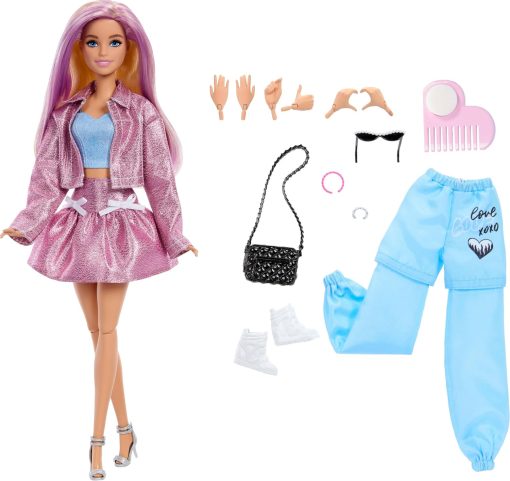 Barbie Deluxe Style Doll in Metallic Pink Barbiecore Skirt and Jacket, 4 Fashions, 4 Accessories, 4 Interchangeable Hands, 2 Shoes & Color Change Hair​​ - 1