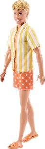 Barbie Fashionistas Style Ken Doll #252 with Blond Hair, Wearing Orange and Yellow Polka-Dot Board Shorts with Yellow and White Striped Shirt, Orange Shoes