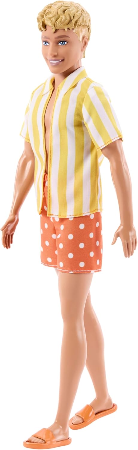 Barbie Fashionistas Style Ken Doll #252 with Blond Hair, Wearing Orange and Yellow Polka-Dot Board Shorts with Yellow and White Striped Shirt, Orange Shoes - 1