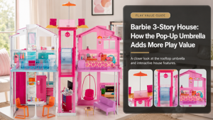 Barbie 3-Story House multicolor vertical dollhouse with rooftop pop-up umbrella and multi-level play spaces