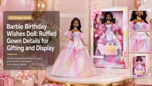 Barbie Birthday Wishes Doll in pink ruffled gown with display stand and gift-ready collector packaging