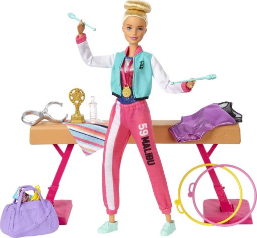Barbie Careers Playset, Blonde Gymnast Doll with Balance Beam, Twirling Toy & 15+ Accessories Including Clothes, Hoops, Trophy & More - 1
