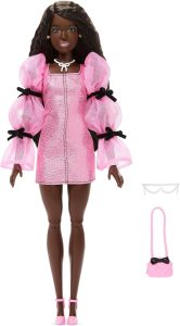 Barbie Deluxe Style Doll #14 in Metallic Pink Barbiecore Mini Dress | with Long Puffed Sleeves and Black Bows​, Brown Hair, Pearl Accessories, Purse​​​
