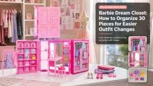 Barbie Dream Closet with 30 pieces, clothing storage, hangers, mirror, outfits, and organized fashion accessories