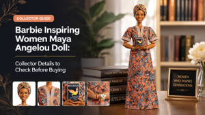 Barbie Inspiring Women Maya Angelou Doll collector package with floral dress, head wrap, book, doll stand, and certificate details