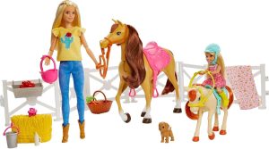 Barbie Playset and Chelsea Blonde Dolls, 2 Horses with Bobbling Heads and 15+ Toy Accessories That Include Corral Fencing, Feeding, Grooming, Nurturing and Horseback Riding Pieces, 3Y+