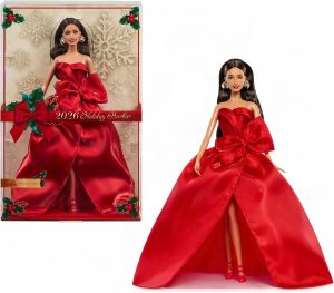 Barbie Signature 2026 Holiday Doll, Brown Hair | Fashion Doll Wearing Red Gown with Bow, Seasonal Collector Doll in Displayable Packaging & Doll Stand​​