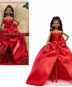 Barbie Signature Doll, 2026 Holiday Black Hair Fashion Doll Wearing Red Gown with Bow, Seasonal Collector Doll in Displayable Packaging & Doll Stand - 1