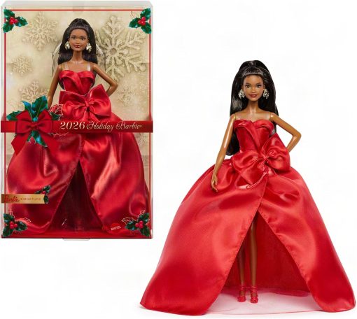 Barbie Signature Doll, 2026 Holiday Black Hair Fashion Doll Wearing Red Gown with Bow, Seasonal Collector Doll in Displayable Packaging & Doll Stand - 1