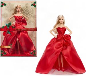 Barbie Signature Doll, 2026 Holiday Blonde Fashion Doll Wearing Red Gown with Bow, Seasonal Collector Doll in Displayable Packaging & Doll Stand