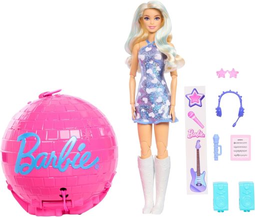 Barbie Team Roll and Reveal Pop Star Doll and Accessories - Blonde Fashion Doll & 8 Surprises and a Disco Ball Encasement - 1
