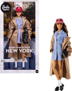Barbie Signature Collectible @Barbiestyle Fashion Doll, Fashion Week Doll New York Street Style Clothes with Blue Dress, Brown Coat and Accessories