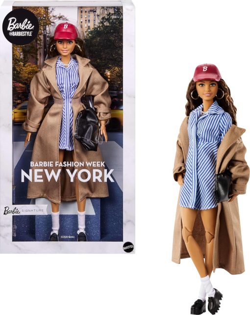 Barbie Signature Collectible @Barbiestyle Fashion Doll, Fashion Week Doll New York Street Style Clothes with Blue Dress, Brown Coat and Accessories - 1